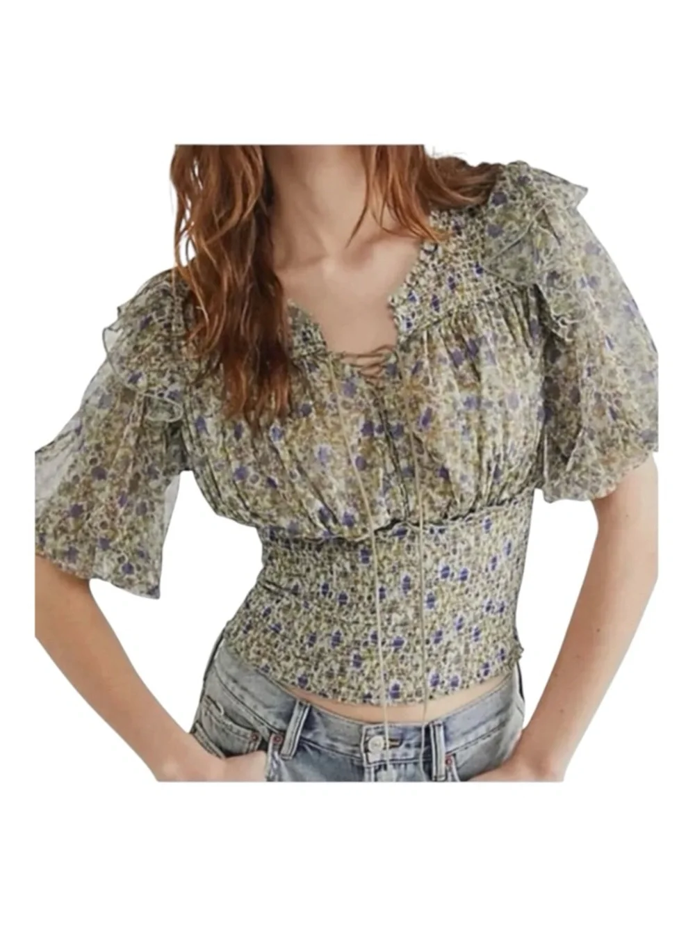 FREE PEOPLE Beatrice Floral Smocked Waist Top, Size L.